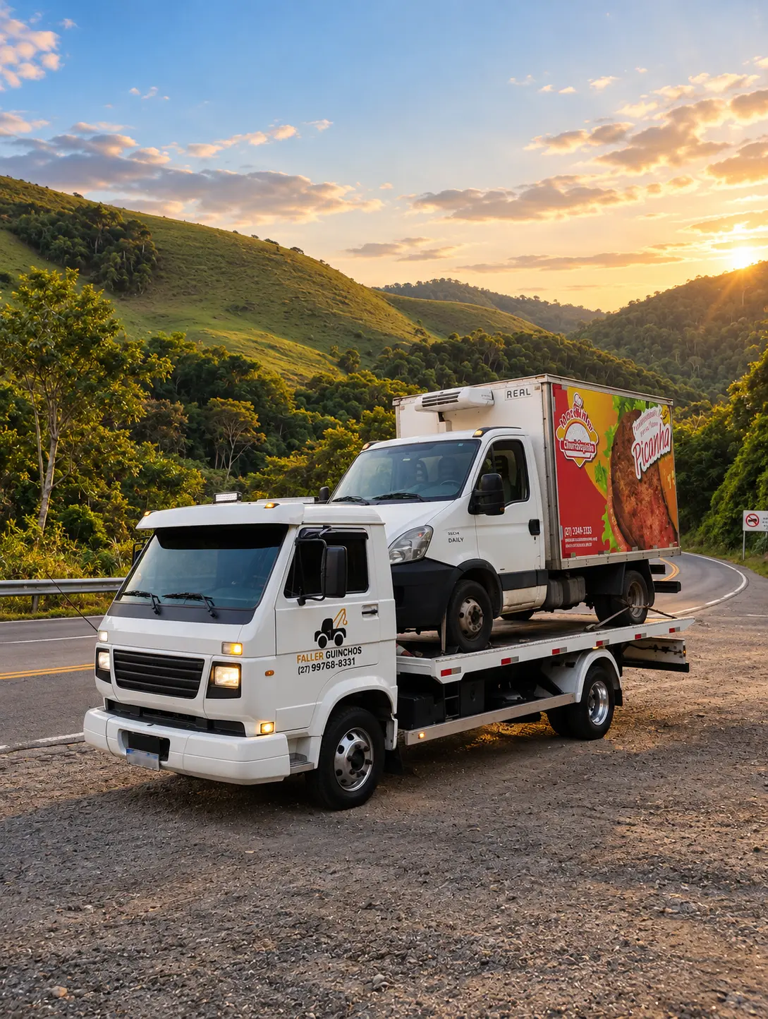 Guincho da Faller Guinchos transportando um caminhão baú em estrada da serra ao pôr do sol